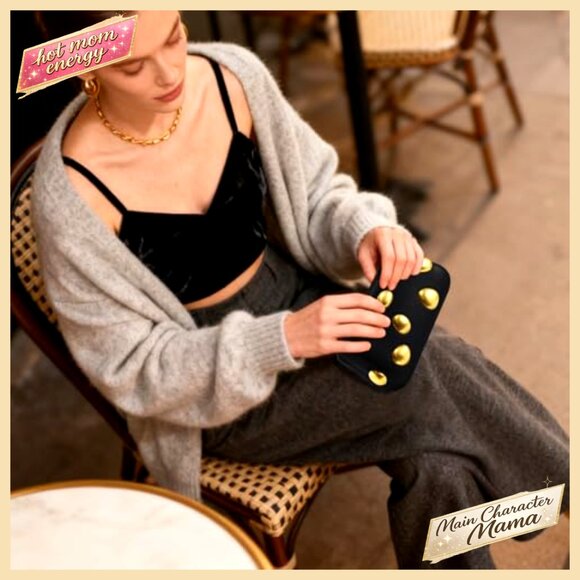 Elegant PU Leather Clutch with Gold Studs, Chain Strap, Slim Evening Bag - Picture 3 of 7